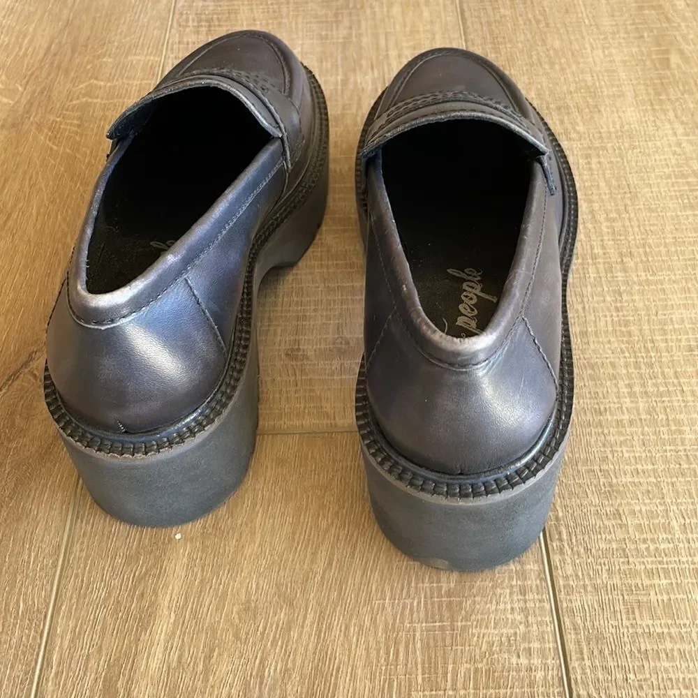 Free People Decker Penny Loafer Black Leather Lug Sole Platform EU 39 US 9